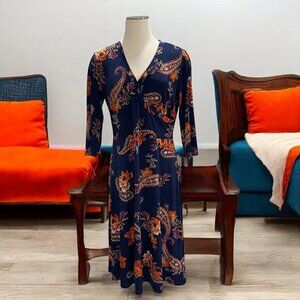Boho Paisley Wrap Dress Womens Midi V Neck 3/4 Sleeve Stretch Floral Print Flowy